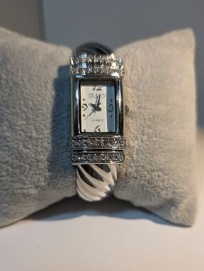 Studio Silver Crystal-Accent Twisted Bangle Watch